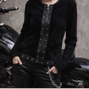 Black Leather/Suede/Knit Women's studded Jacket